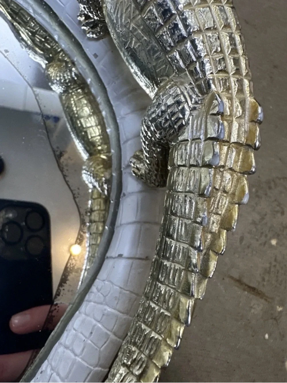 Oval White Croc-Texture Mirror Tray with Gold Crocodile Accents